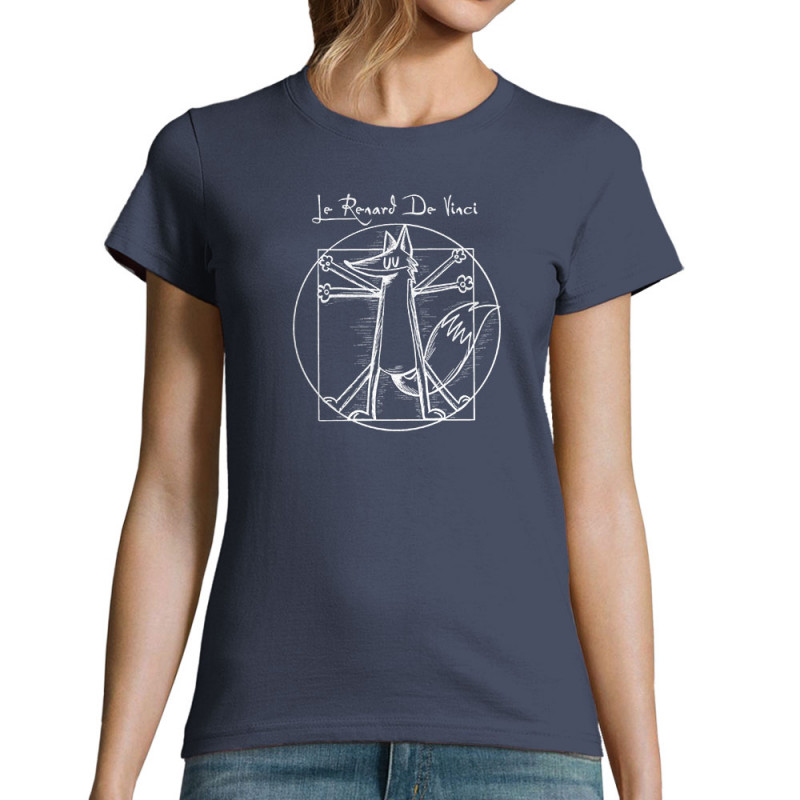 T-shirt femme bleu denim Le Renard de Vinci (Mr Mouton,Animaux,Homme de Vitruve)