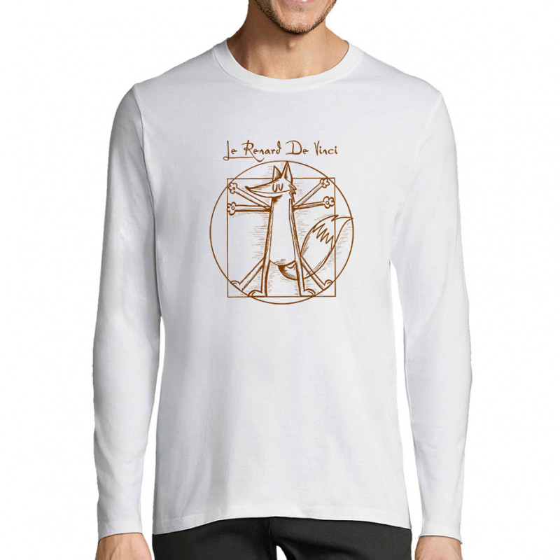 T-shirt homme manches longues blanc Le Renard de Vinci (Mr Mouton,Animaux,Homme de Vitruve)