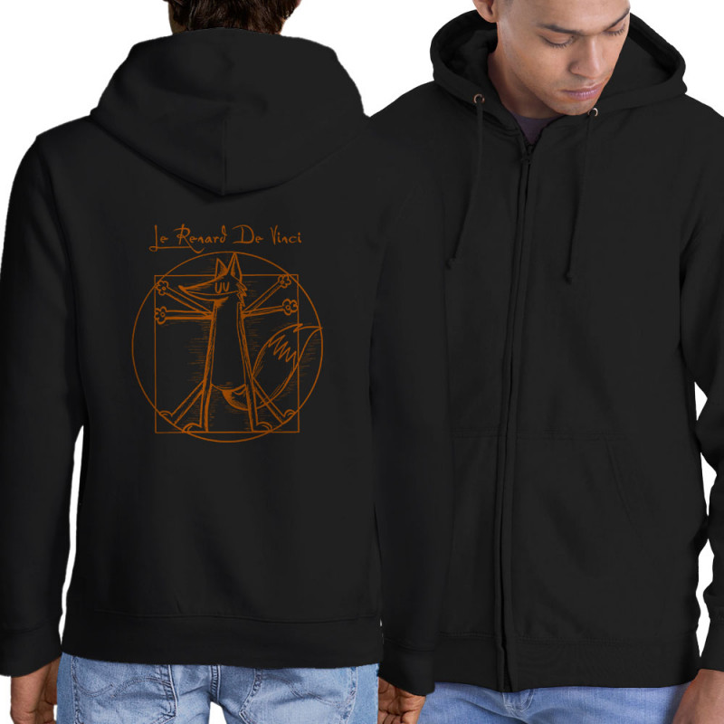 Sweat homme à capuche zippé noir Le Renard de Vinci (Mr Mouton,Animaux,Homme de Vitruve)