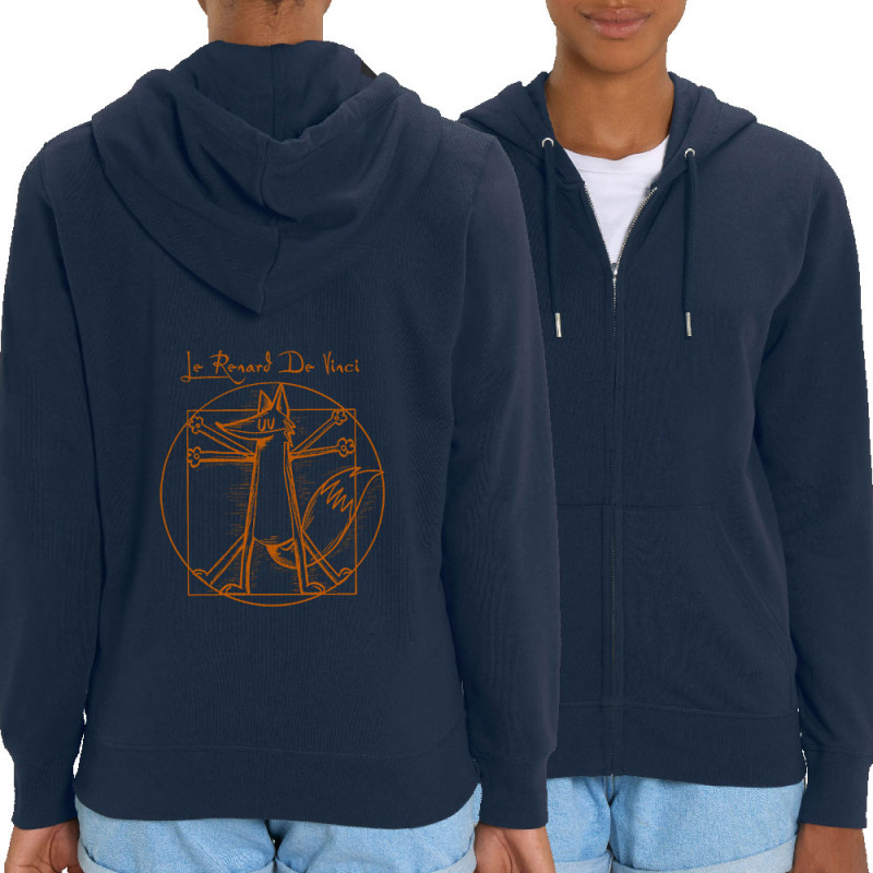 Sweat femme zippé à capuche coton bio bleu marine Le Renard de Vinci (Mr Mouton,Animaux,Homme de Vitruve)