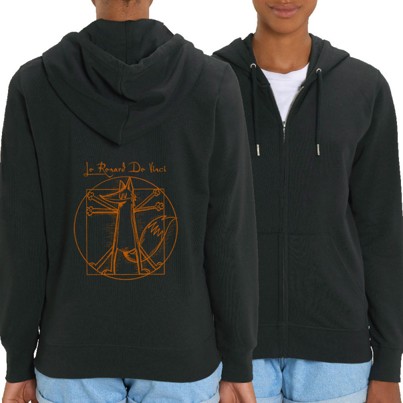Sweat femme zippé à capuche coton bio noir Le Renard de Vinci (Mr Mouton,Animaux,Homme de Vitruve)
