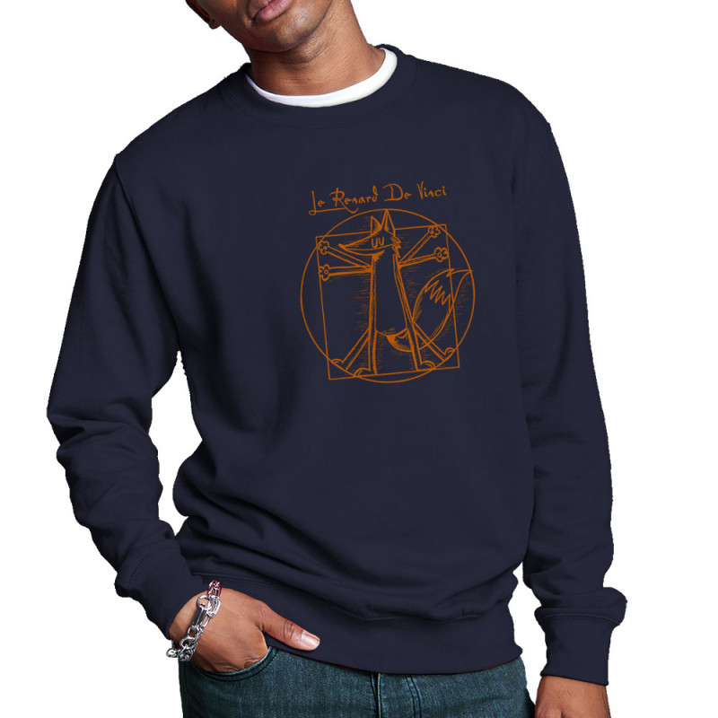 Sweat homme col rond bleu marine Le Renard de Vinci (Mr Mouton,Animaux,Homme de Vitruve)