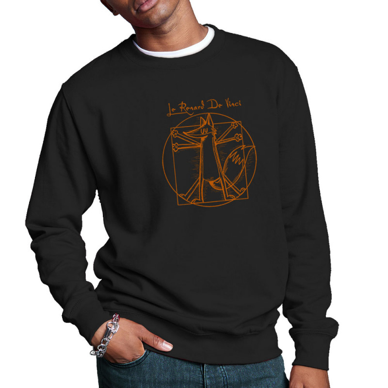 Sweat homme col rond noir Le Renard de Vinci (Mr Mouton,Animaux,Homme de Vitruve)