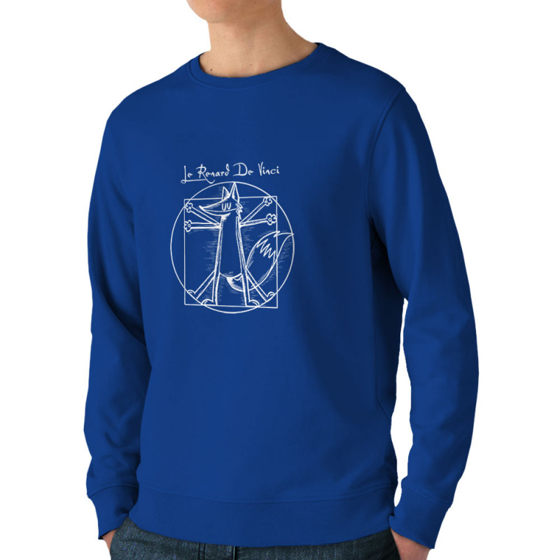 Sweat homme bio col rond bleu royal Le Renard de Vinci (Mr Mouton,Animaux,Homme de Vitruve)