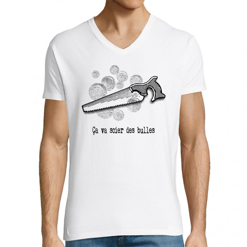 T-shirt homme col V blanc Ca va scier des bulles (Gondrax,Slogans Débiles,Humour)