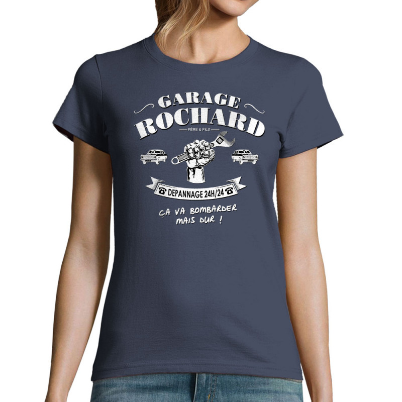 T-shirt femme bleu denim Garage Rochard 2 (Gondrax,Humour)