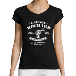 T-shirt femme col V noir Garage Rochard 2 (Gondrax,Humour)