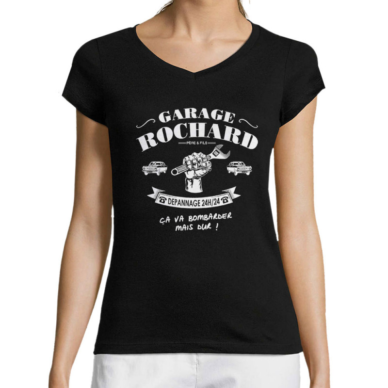 T-shirt femme col V noir Garage Rochard 2 (Gondrax,Humour)