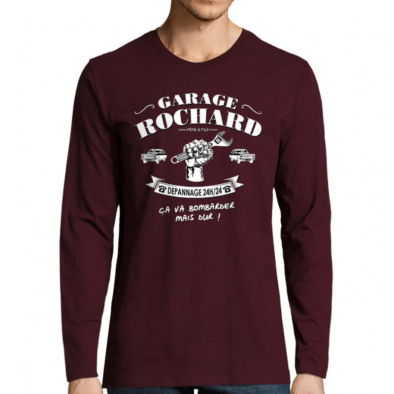 T-shirt homme manches longues bordeaux Garage Rochard 2 (Gondrax,Humour)