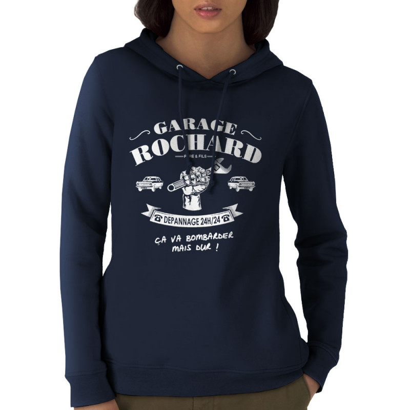 Sweat femme à capuche coton bio bleu marine Garage Rochard 2 (Gondrax,Humour)
