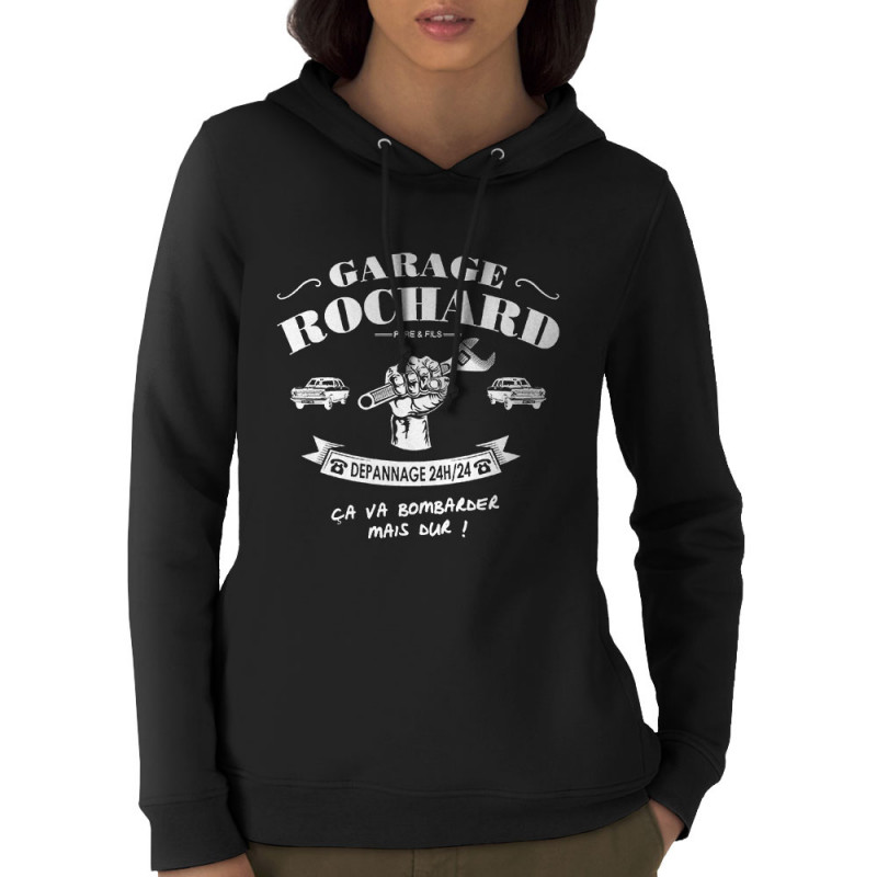 Sweat femme à capuche coton bio noir Garage Rochard 2 (Gondrax,Humour)