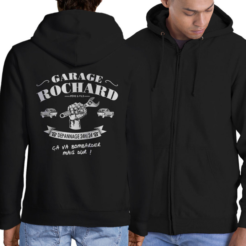 Sweat homme à capuche zippé noir Garage Rochard 2 (Gondrax,Humour)