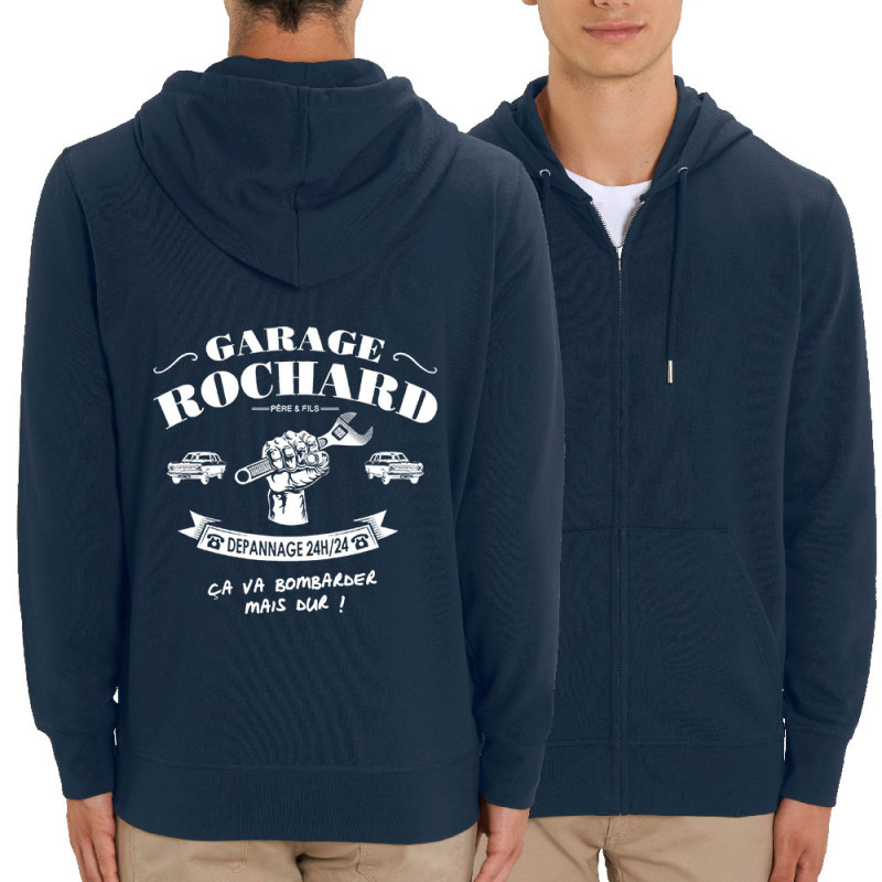 Sweat homme zippé à capuche coton bio bleu marine Garage Rochard 2 (Gondrax,Humour)