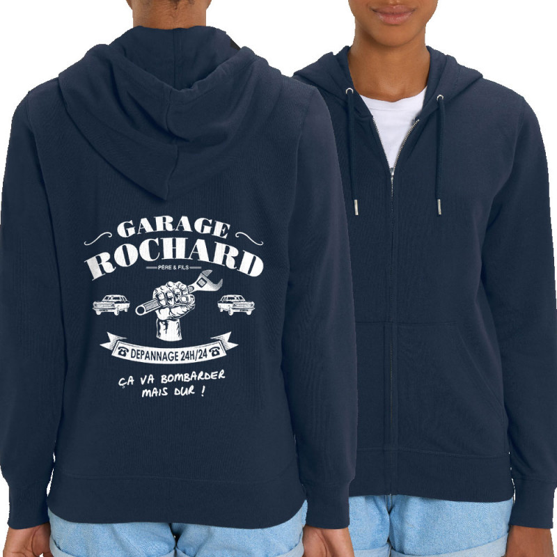 Sweat femme zippé à capuche coton bio bleu marine Garage Rochard 2 (Gondrax,Humour)