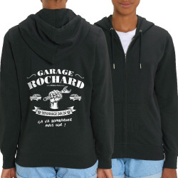 Sweat femme zippé à capuche coton bio noir Garage Rochard 2 (Gondrax,Humour)