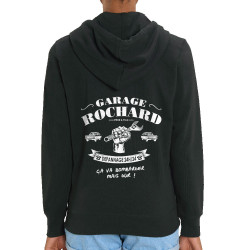 Sweat femme zippé à capuche coton bio noir Garage Rochard 2 (Gondrax,Humour)