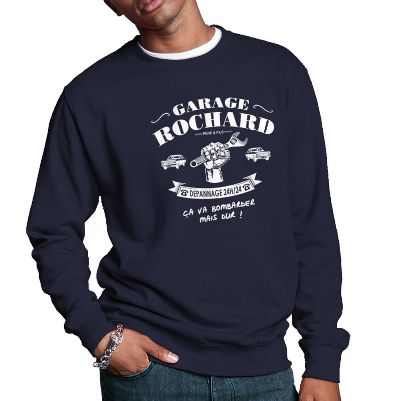 Sweat homme col rond bleu marine Garage Rochard 2 (Gondrax,Humour)