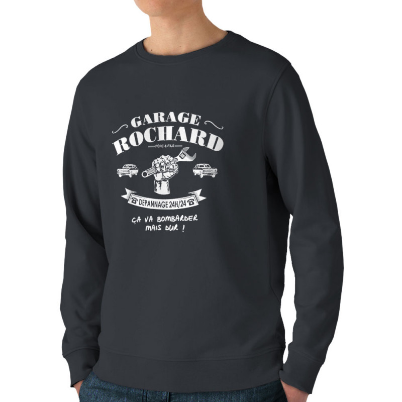 Sweat homme bio col rond gris anthracite Garage Rochard 2 (Gondrax,Humour)