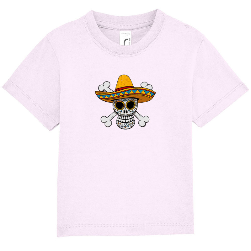 T-shirt bébé rose pale One Piece Mexican Skull (Le Duc,Manga Kawaï japan,Films/Séries,Têtes de morts,Détournements)