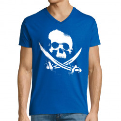 T-shirt homme col V bleu royal Pirate Skull (Têtes de morts)