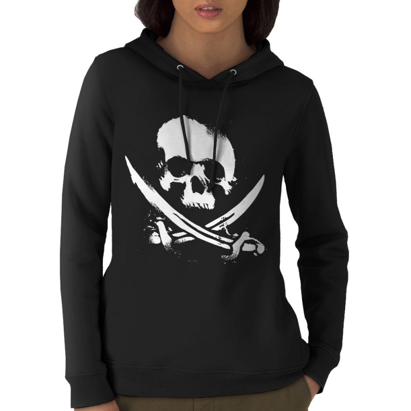 Sweat femme à capuche coton bio noir Pirate Skull (Têtes de morts)