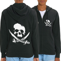 Sweat femme zippé à capuche coton bio noir Pirate Skull (Têtes de morts)