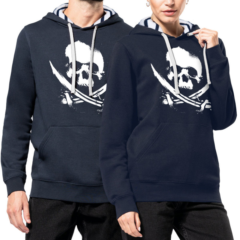 Sweat capuche à motifs unisexe bleu marine et marinière Pirate Skull (Têtes de morts)