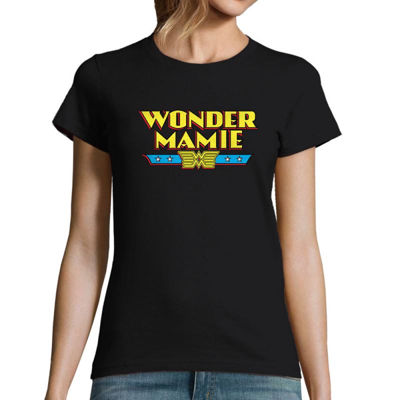 T-shirt femme noir Wonder Mamie (Gondrax,Humour,Détournements,Papa Maman Papy Mamie,Fête des mères)