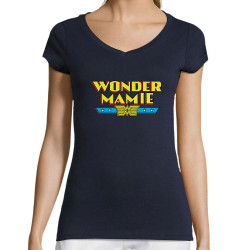 T-shirt femme col V bleu marine Wonder Mamie (Gondrax,Humour,Détournements,Papa Maman Papy Mamie,Fête des mères)