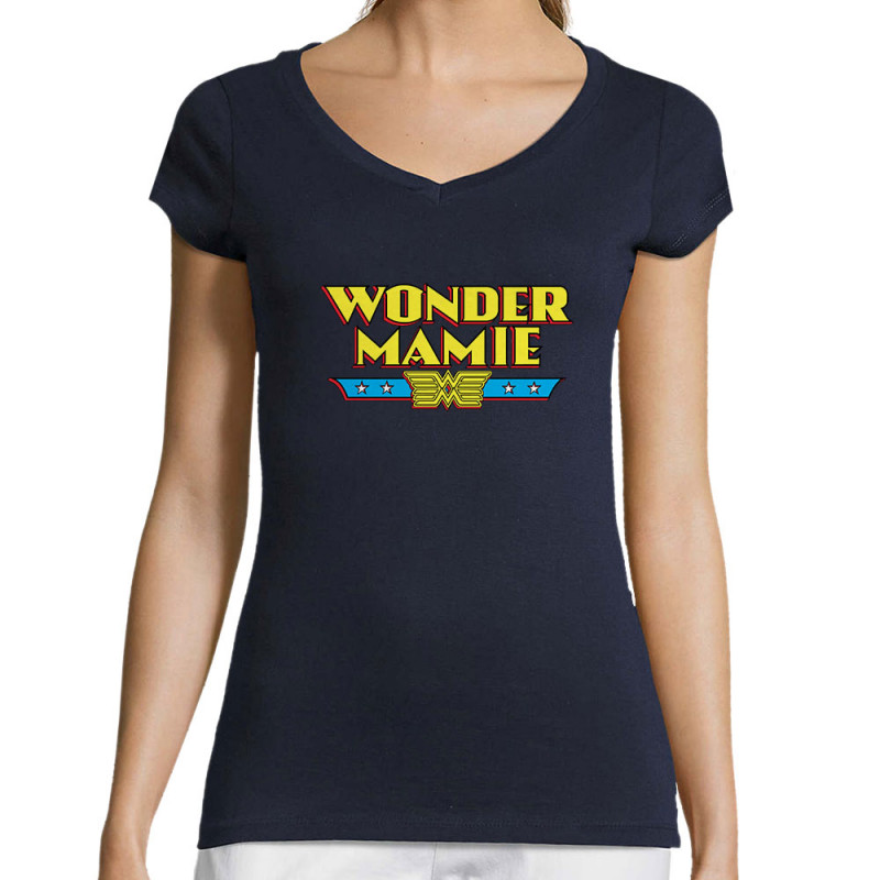 T-shirt femme col V bleu marine Wonder Mamie (Gondrax,Humour,Détournements,Papa Maman Papy Mamie,Fête des mères)