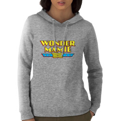 Sweat femme à capuche coton bio gris chiné Wonder Mamie (Gondrax,Humour,Détournements,Papa Maman Papy Mamie,Fête des mères)
