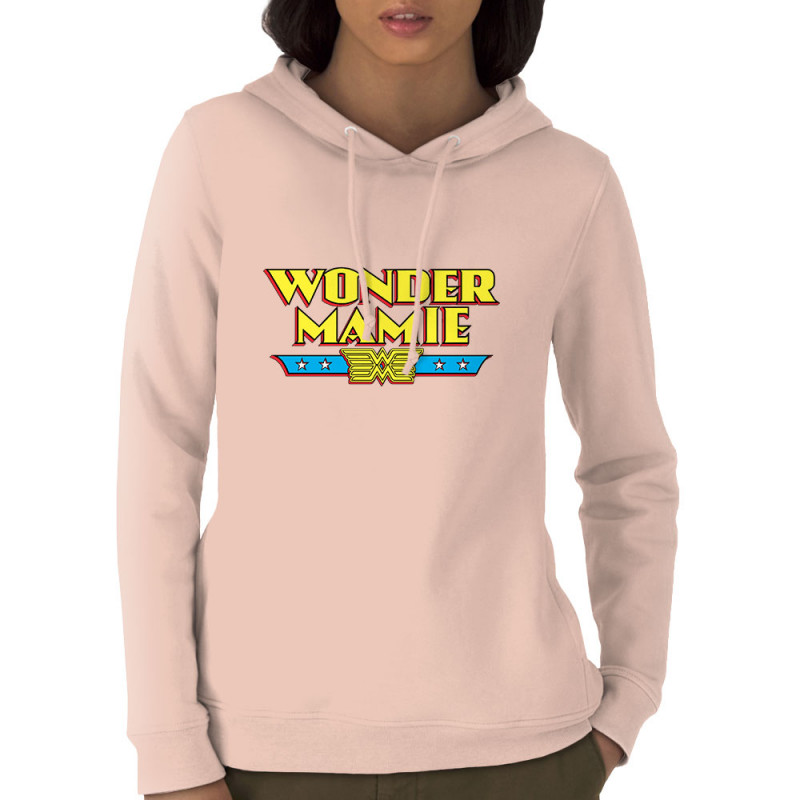 Sweat femme à capuche coton bio rose clair Wonder Mamie (Gondrax,Humour,Détournements,Papa Maman Papy Mamie,Fête des mères)