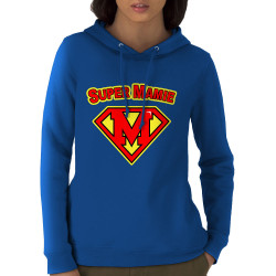 Sweat femme à capuche coton bio bleu royal Super Mamie (Gondrax,Humour,Détournements,Papa Maman Papy Mamie,Fête des mères)