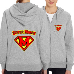 Sweat femme zippé à capuche coton bio gris chiné Super Mamie (Gondrax,Humour,Détournements,Papa Maman Papy Mamie,Fête des mères)