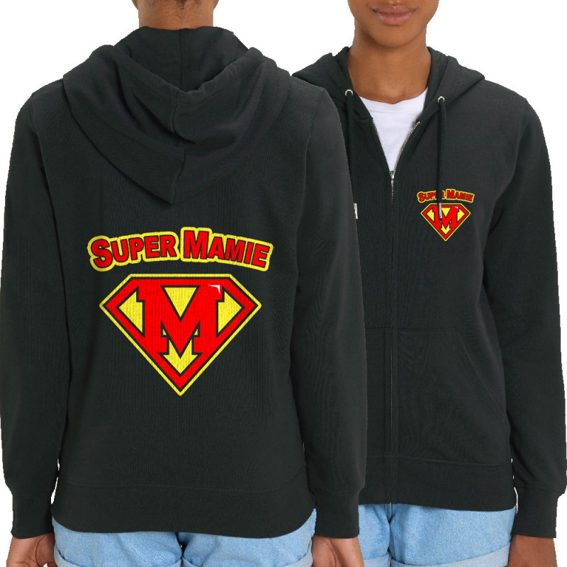 Sweat femme zippé à capuche coton bio noir Super Mamie (Gondrax,Humour,Détournements,Papa Maman Papy Mamie,Fête des mères)