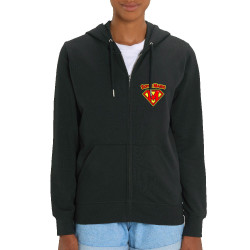 Sweat femme zippé à capuche coton bio noir Super Mamie (Gondrax,Humour,Détournements,Papa Maman Papy Mamie,Fête des mères)