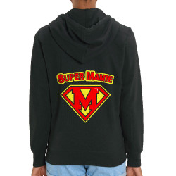 Sweat femme zippé à capuche coton bio noir Super Mamie (Gondrax,Humour,Détournements,Papa Maman Papy Mamie,Fête des mères)