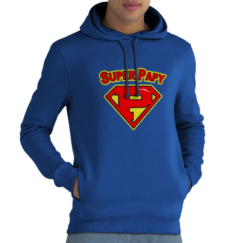 Sweat homme à capuche coton bio bleu royal Super Papy (Gondrax,Humour,Détournements,Papa Maman Papy Mamie)