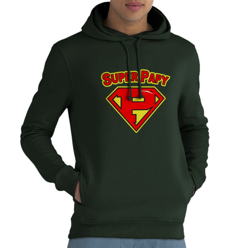 Sweat homme à capuche coton bio vert foncé Super Papy (Gondrax,Humour,Détournements,Papa Maman Papy Mamie)