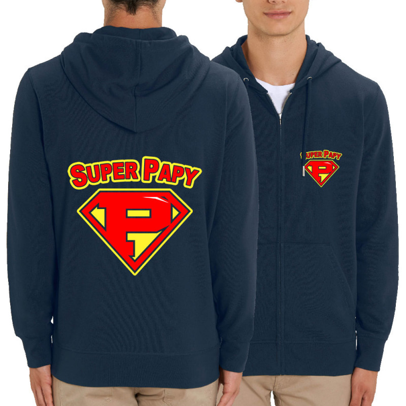 Sweat homme zippé à capuche coton bio bleu marine Super Papy (Gondrax,Humour,Détournements,Papa Maman Papy Mamie)