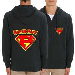Sweat homme zippé à capuche coton bio noir Super Papy (Gondrax,Humour,Détournements,Papa Maman Papy Mamie)