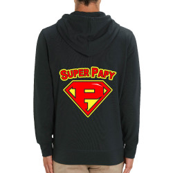 Sweat homme zippé à capuche coton bio noir Super Papy (Gondrax,Humour,Détournements,Papa Maman Papy Mamie)