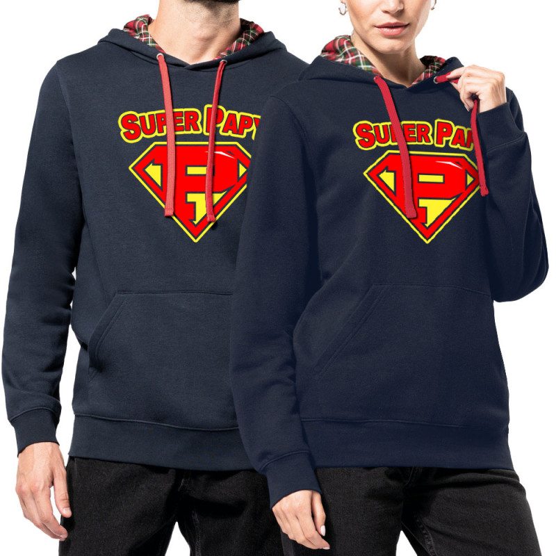 Sweat capuche à motifs unisexe bleu marine et rouge tartan Super Papy (Gondrax,Humour,Détournements,Papa Maman Papy Mamie)
