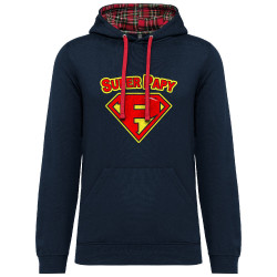 Sweat capuche à motifs unisexe bleu marine et rouge tartan Super Papy (Gondrax,Humour,Détournements,Papa Maman Papy Mamie)