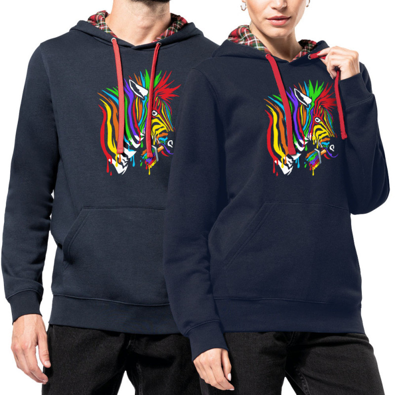 Sweat capuche à motifs unisexe bleu marine et rouge tartan Zèbre Anticonformiste (Zewa,Animaux)
