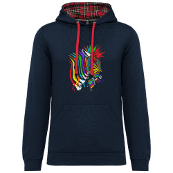Sweat capuche à motifs unisexe bleu marine et rouge tartan Zèbre Anticonformiste (Zewa,Animaux)