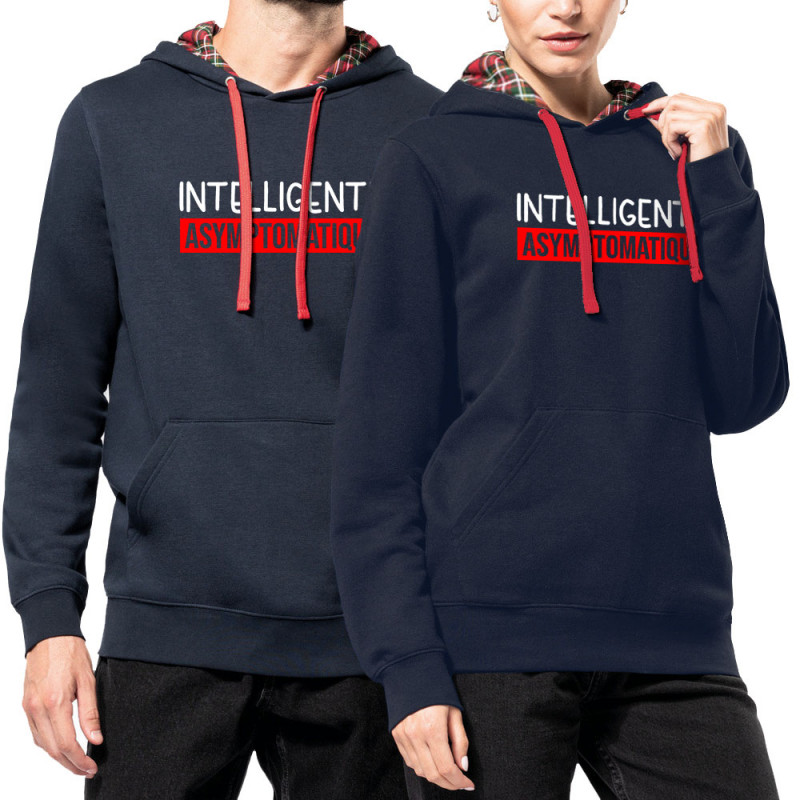 Sweat capuche à motifs unisexe bleu marine et rouge tartan Intelligente Asymptomatique (Gondrax,Humour,Slogans Débiles)