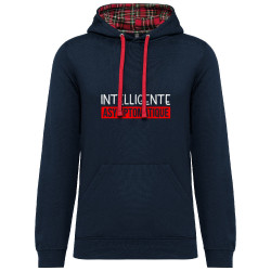 Sweat capuche à motifs unisexe bleu marine et rouge tartan Intelligente Asymptomatique (Gondrax,Humour,Slogans Débiles)