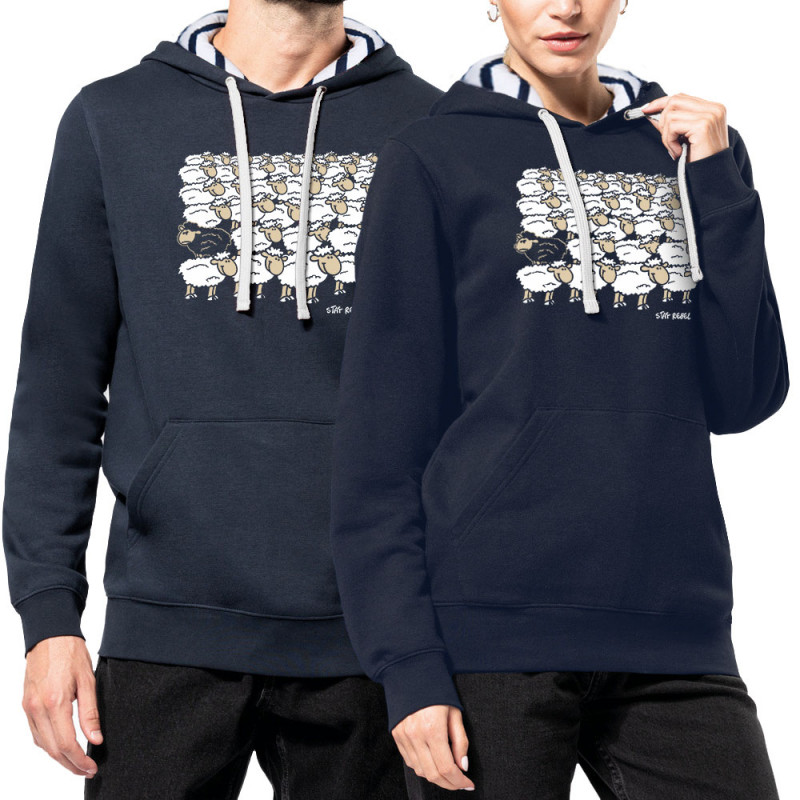 Sweat capuche à motifs unisexe bleu marine et marinière Stay Rebel Moutons (Gondrax,Animaux,Humour)