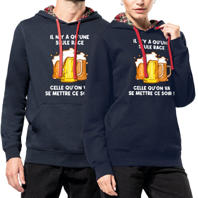 Sweat capuche à motifs unisexe bleu marine et rouge tartan Une seule race (Gondrax,Alcool,Slogans Débiles)